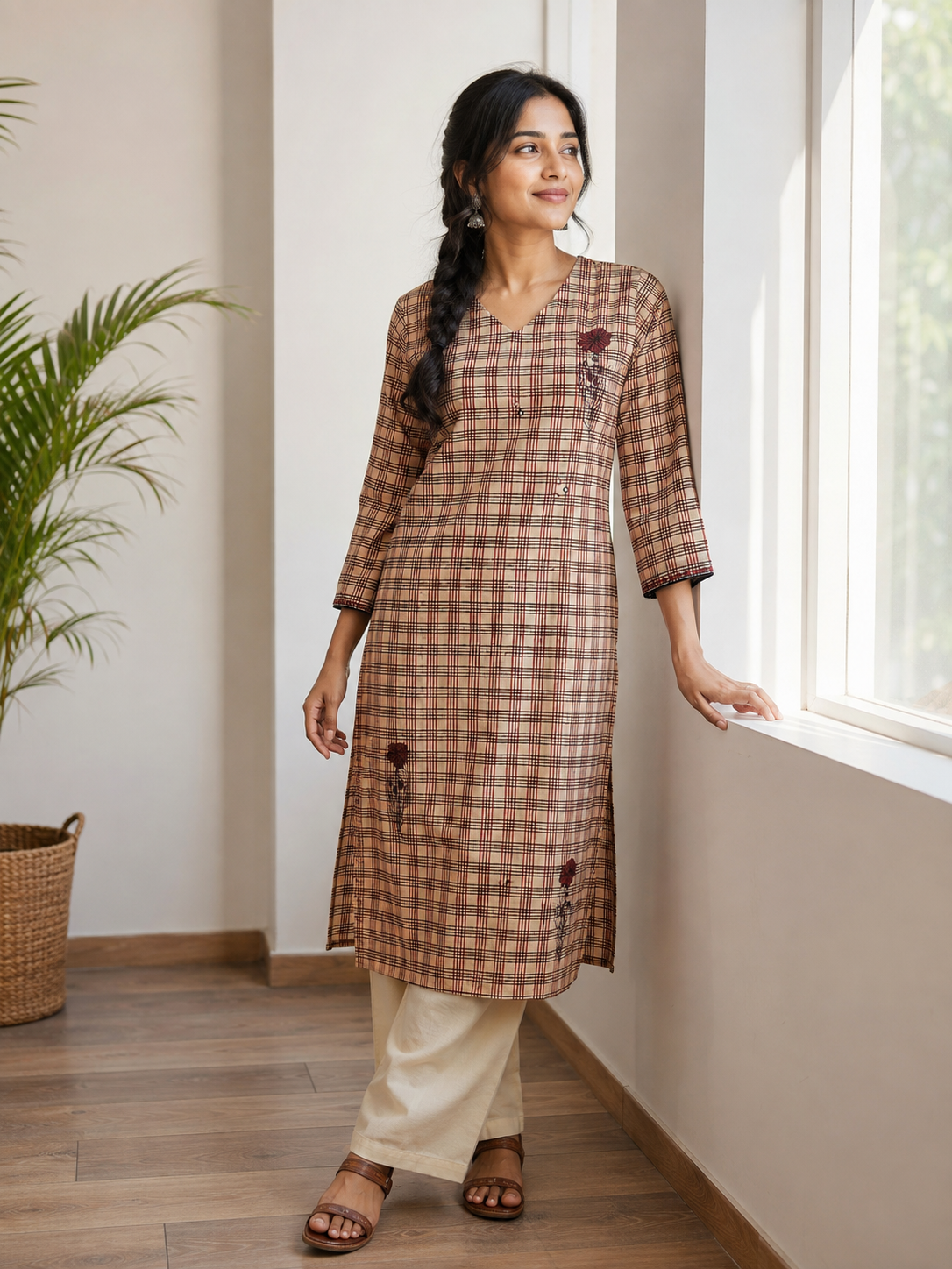 Anvita Cream & Maroon Checked Cotton Straight Kurta with Floral Print