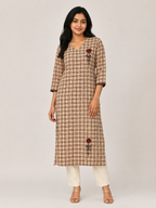Anvita Cream & Maroon Checked Cotton Straight Kurta with Floral Print