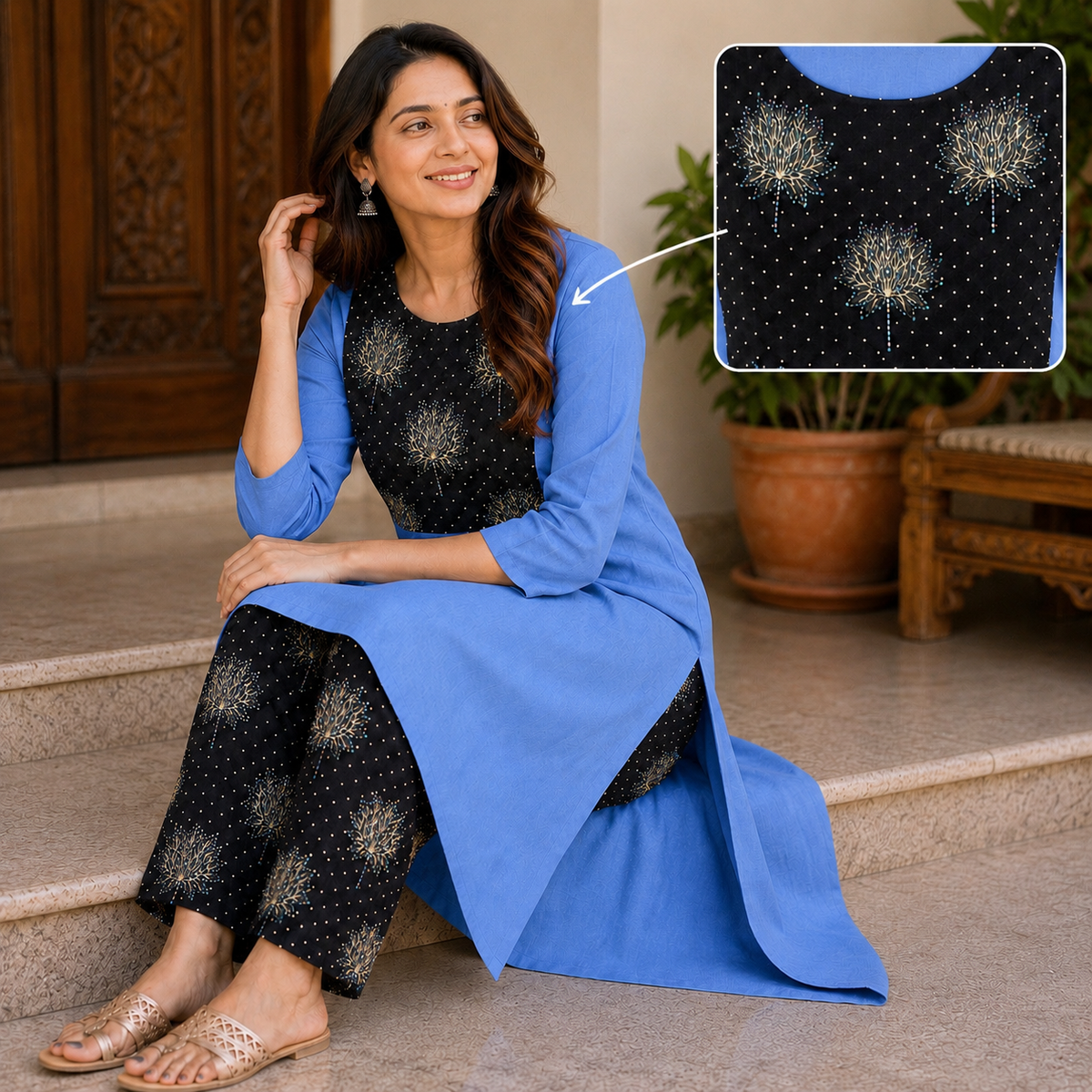 Revanta Blue Kurta Set with Embellished Floral Yoke & Printed Pants