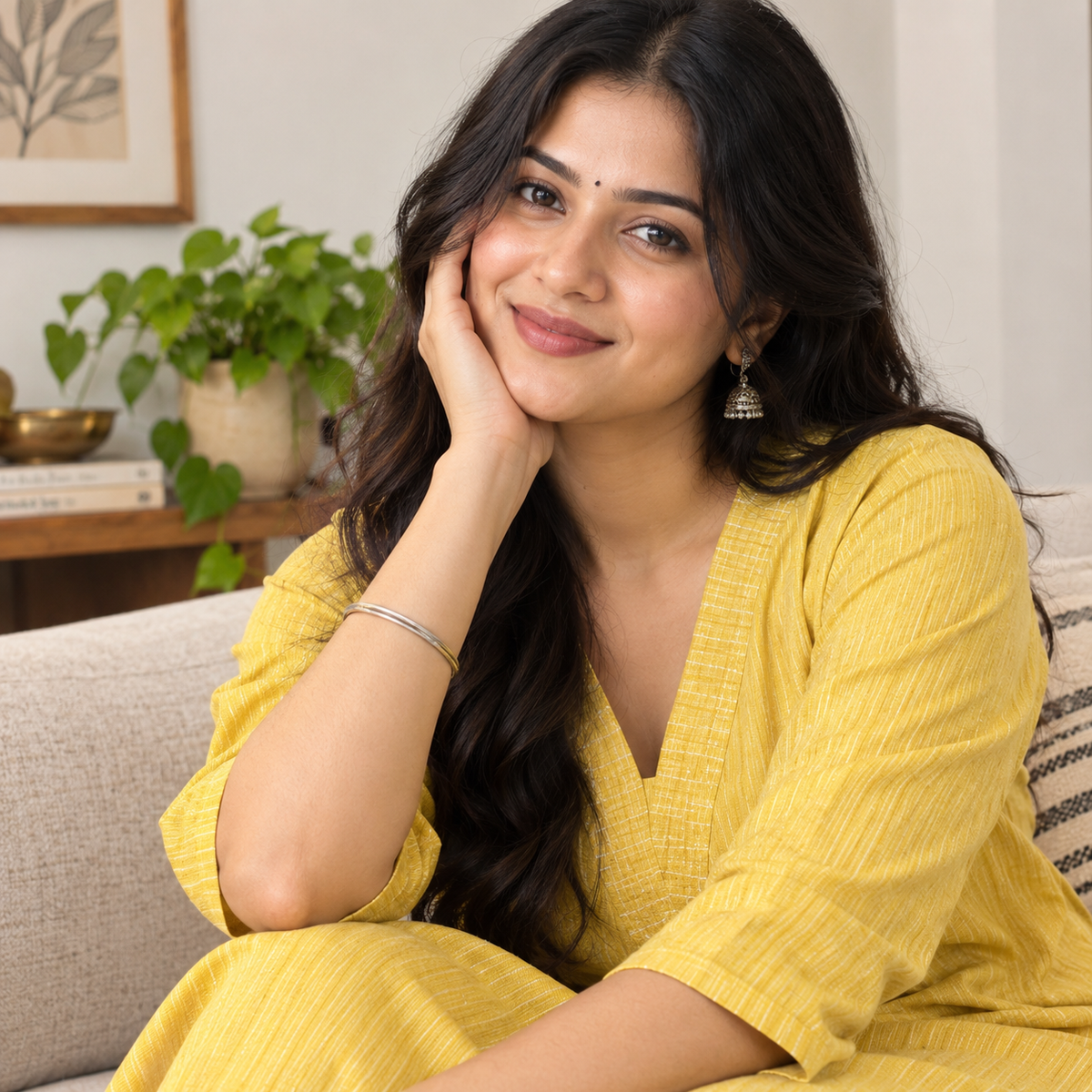 Revanta Mustard Yellow cotton Kurta with Stripe V Neck & lining