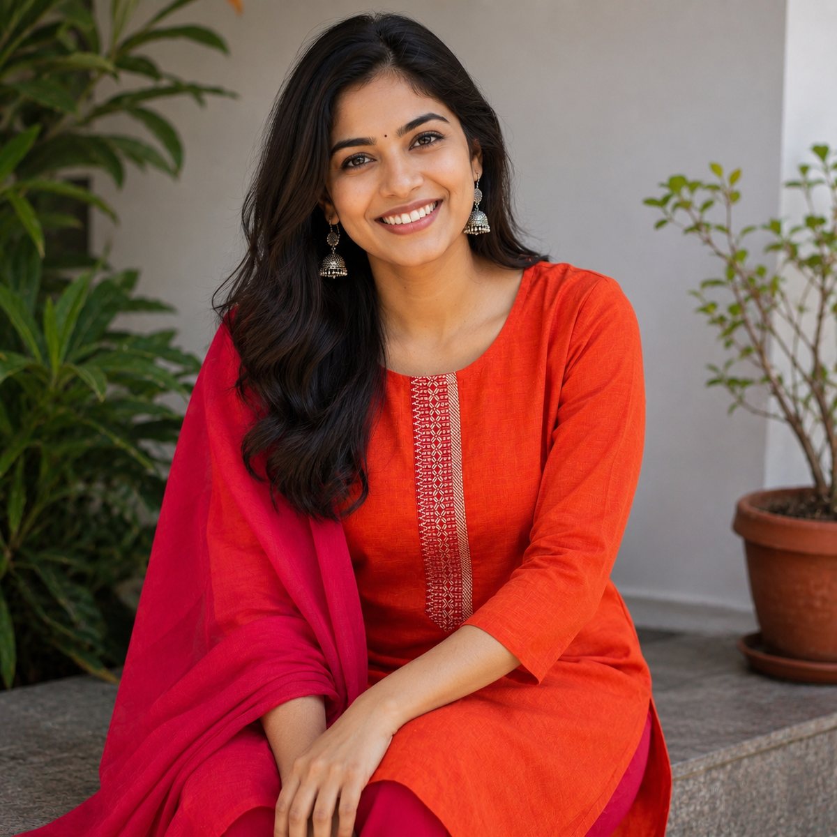 Revanta Orange & Magenta Cotton Kurta Pant Set with One-Sided Dupatta