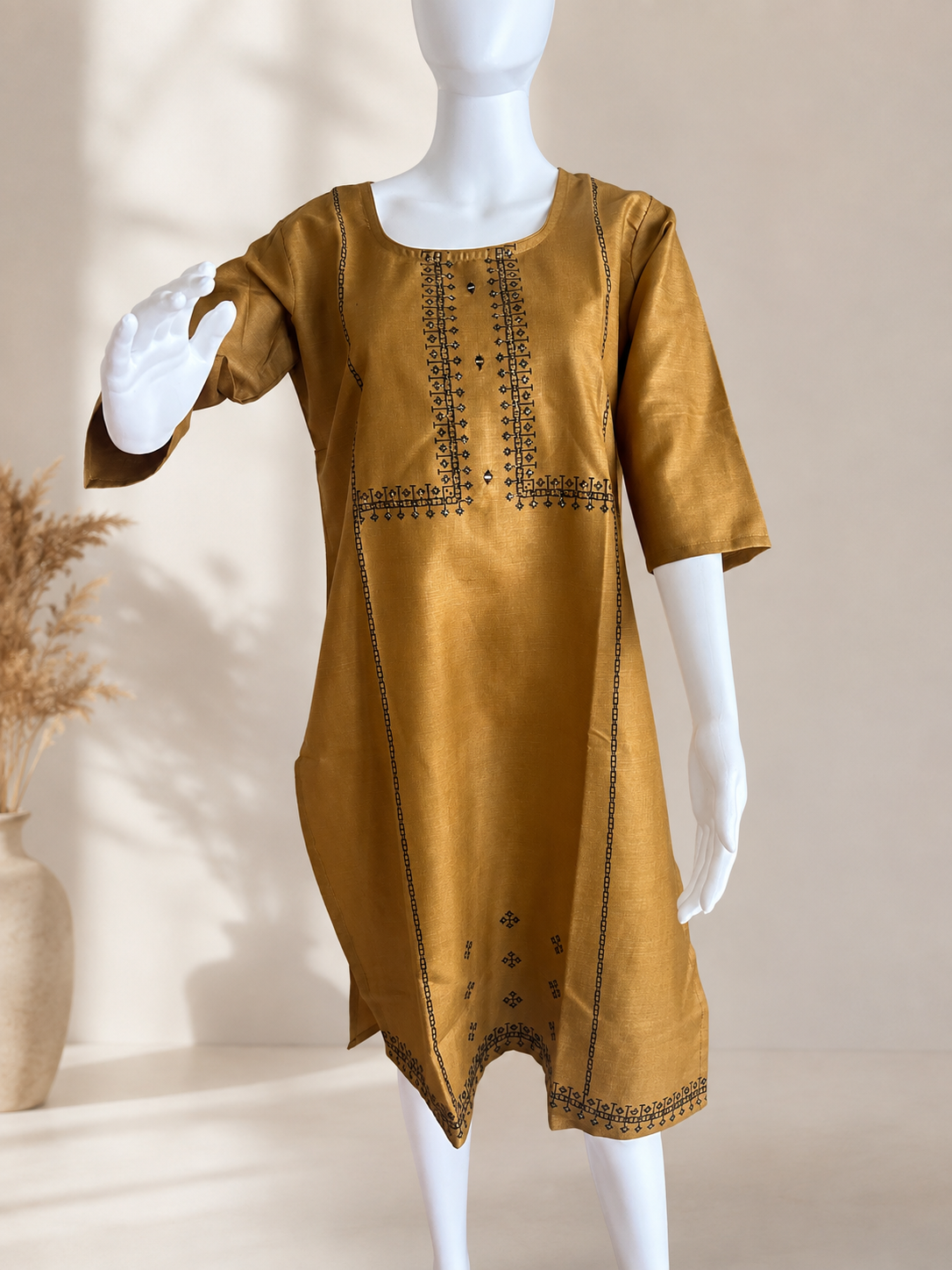Revanta Mustard Gold Cotton Blend Kurta with Foil Print & Glass Work
