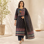 Revanta Women's Navy Blue Pakistani Style 3-Piece Cotton Suit Set with Printed Dupatta