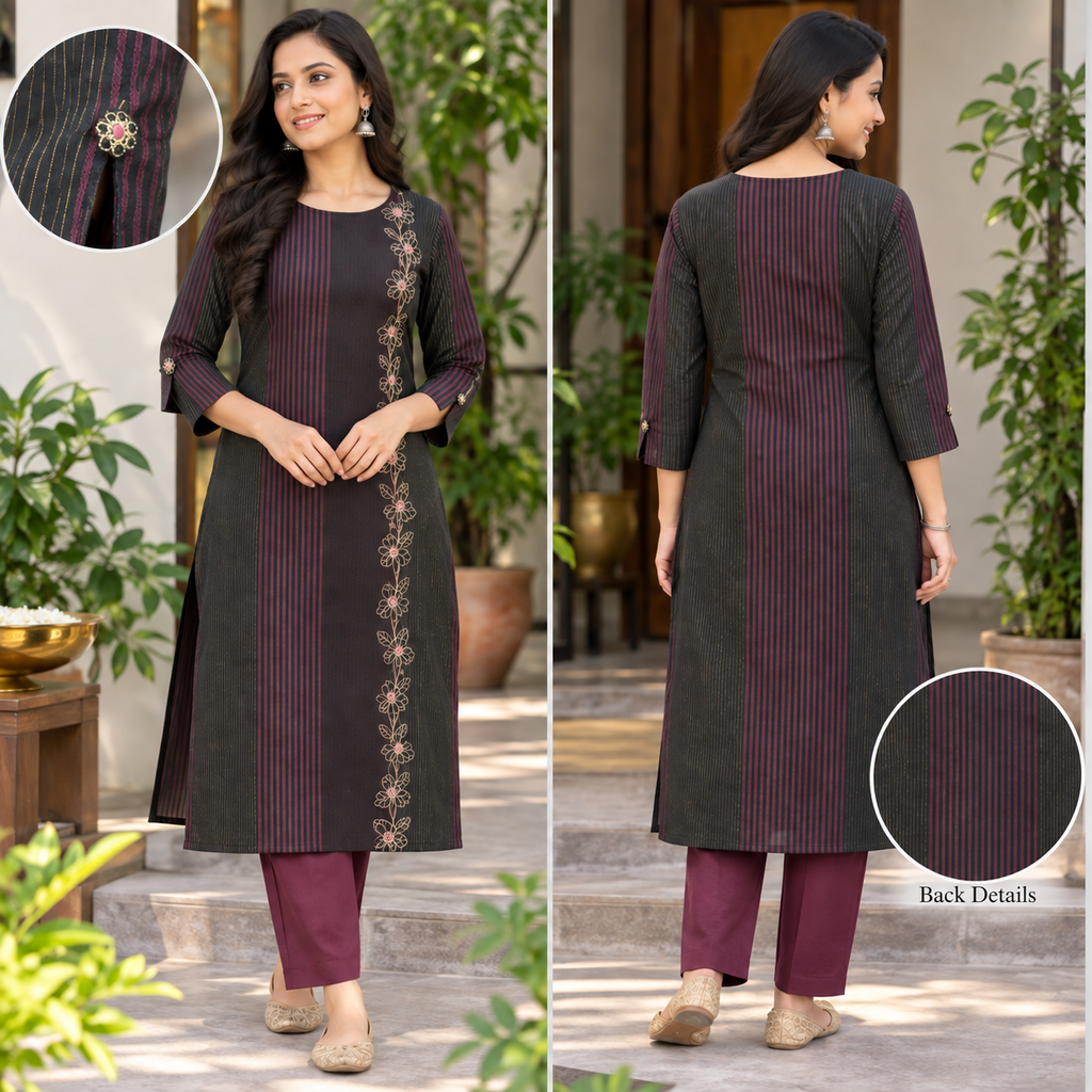 Anvita Black & Maroon Striped Embroidered Cotton Kurta | Floral Embroidery Kurti