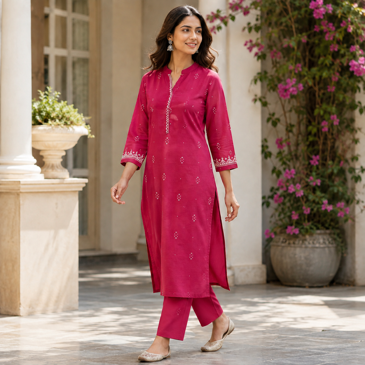 Anvita Magenta Embroidered Kurta Pant Set.