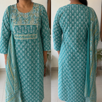 Revanta Teal Paisley Print Cotton Kurta Pant Set with Mirror Work & Dupatta