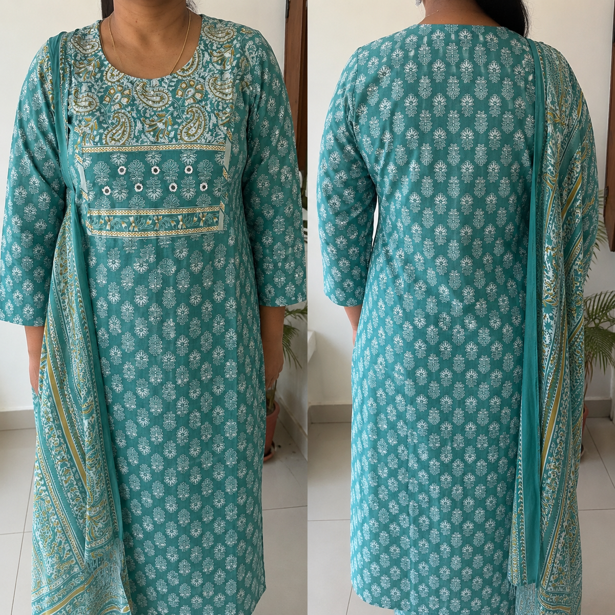 Revanta Teal Paisley Print Cotton Kurta Pant Set with Mirror Work & Dupatta