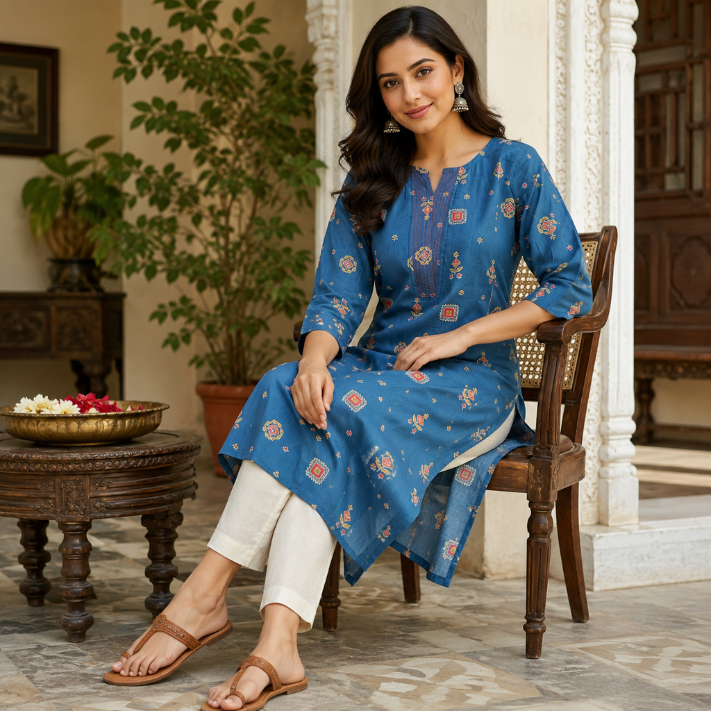 Revanta Teal Blue Printed Straight Cotton Kurta with Yoke Detail & Lining