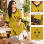Anvita Mustard Yellow Cotton Kurti with Printed Neck & Sleeve Design