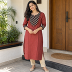 Anvita Maroon Cotton  Kurta with Embroidered Yoke, Floral & Glass Work
