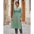 Anvita Sage Green Pure Cotton Straight Kurta – Blue Floral Embroidery & Vertical Stripes