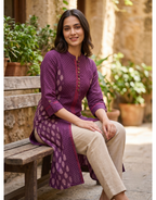 Anvita Purple Cotton Slub Kurta – Elegant Printed Yoke & Sleeve Detail – Chic Festive Wear
