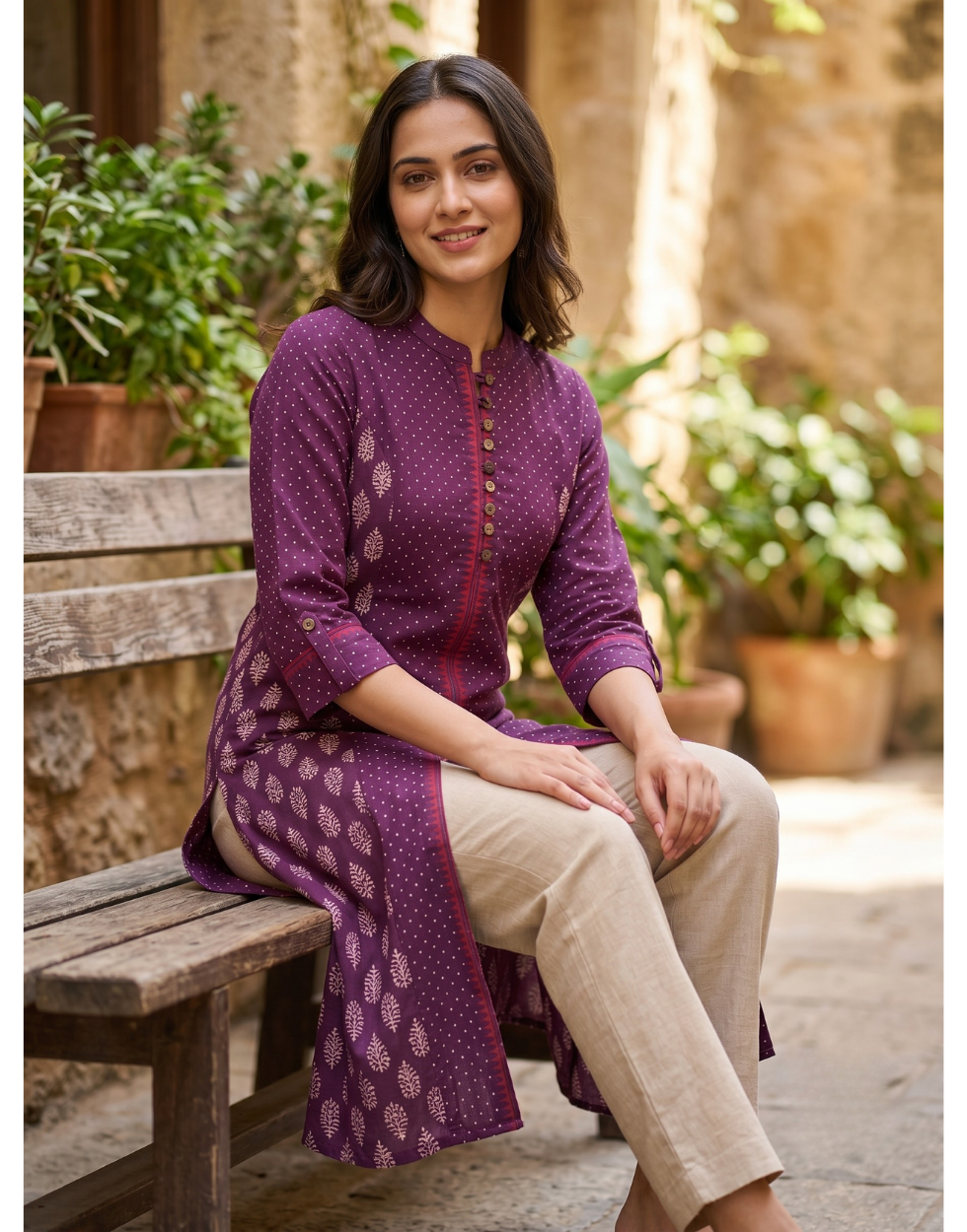 Anvita Purple Cotton Slub Kurta – Elegant Printed Yoke & Sleeve Detail – Chic Festive Wear