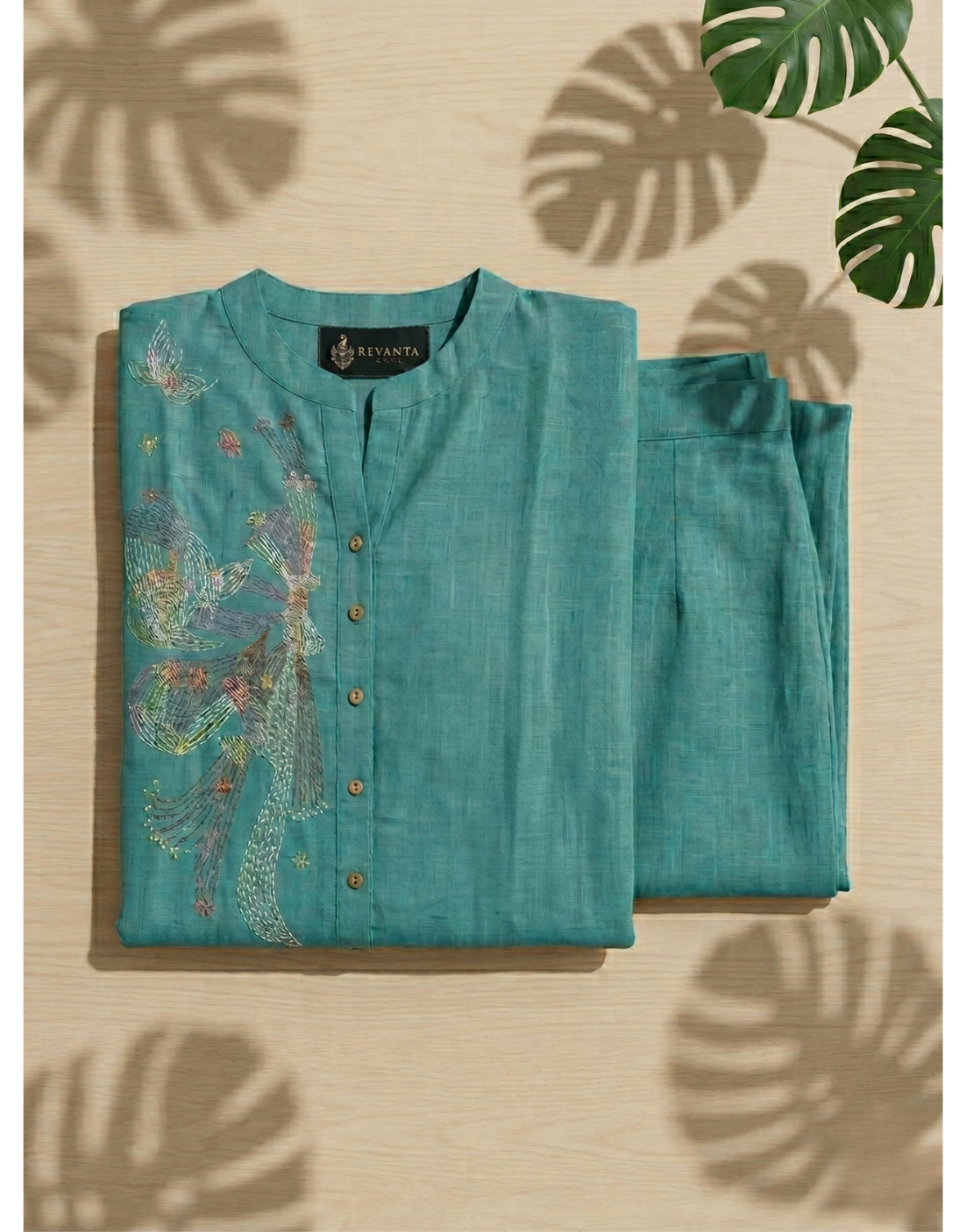 Revanta Teal Cotton A-Line Co-ord Set – Butterfly Digital Print Kurta with Pants