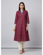 Anvita Deep Maroon Pure Cotton Kurta – Elegant Geometric Motif & V-Neckline