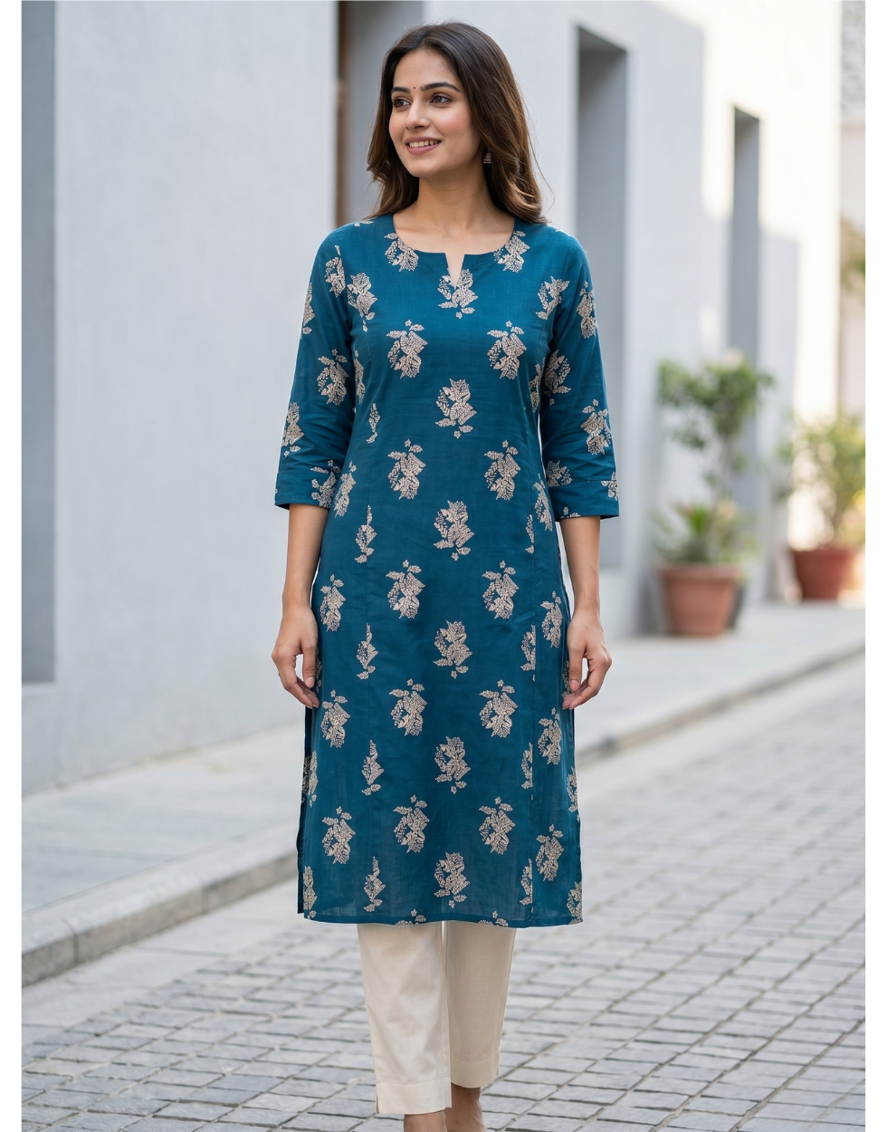 Anvita Teal Printed Cotton Kurta – Floral Motif Design – Elegant Everyday Ethnic Wear