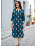 Anvita Teal Printed Cotton Kurta – Floral Motif Design – Elegant Everyday Ethnic Wear