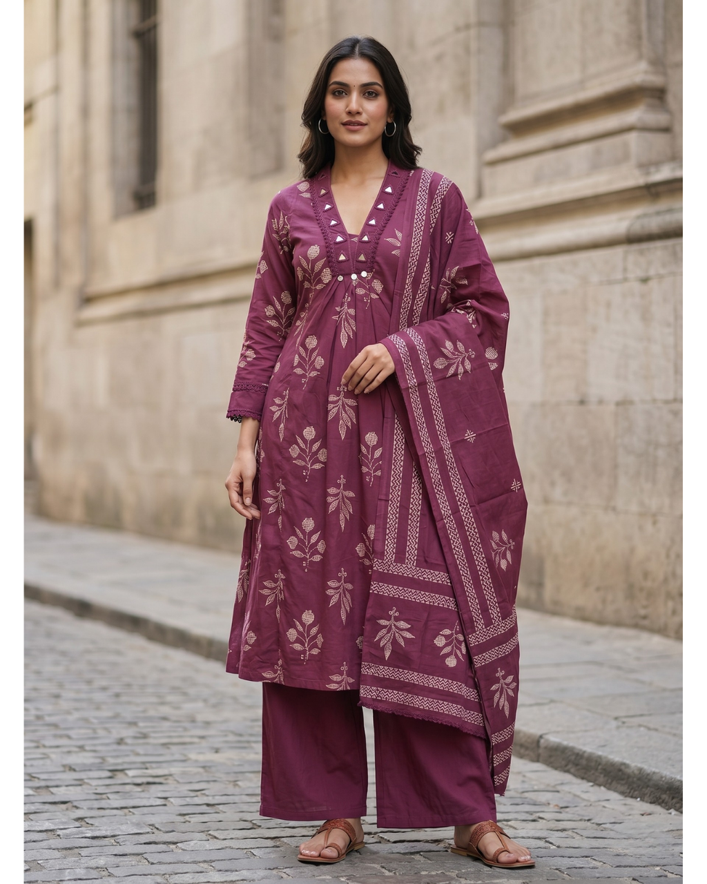 Mauve Purple Cotton A-Line Kurta Set with Dupatta – Floral Digital Print & Mirror-Work Yoke