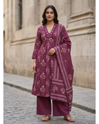 Mauve Purple Cotton A-Line Kurta Set with Dupatta – Floral Digital Print & Mirror-Work Yoke