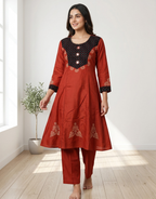 Crimson Red Cotton Straight Kurta Palazzo Set – Contrast Yoke & Mirror-Work Digital Print