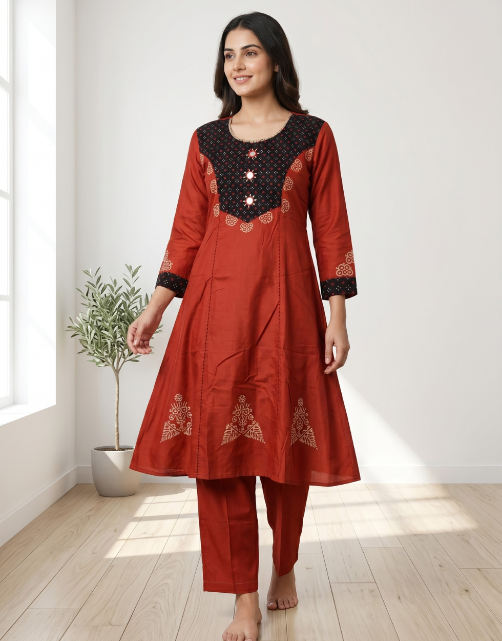 Crimson Red Cotton Straight Kurta Palazzo Set – Contrast Yoke & Mirror-Work Digital Print