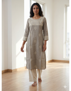 Anvita Ash Cotton Slub Kurta – Embroidered Yoke & Delicate Diamond Motif – Minimalist Chic