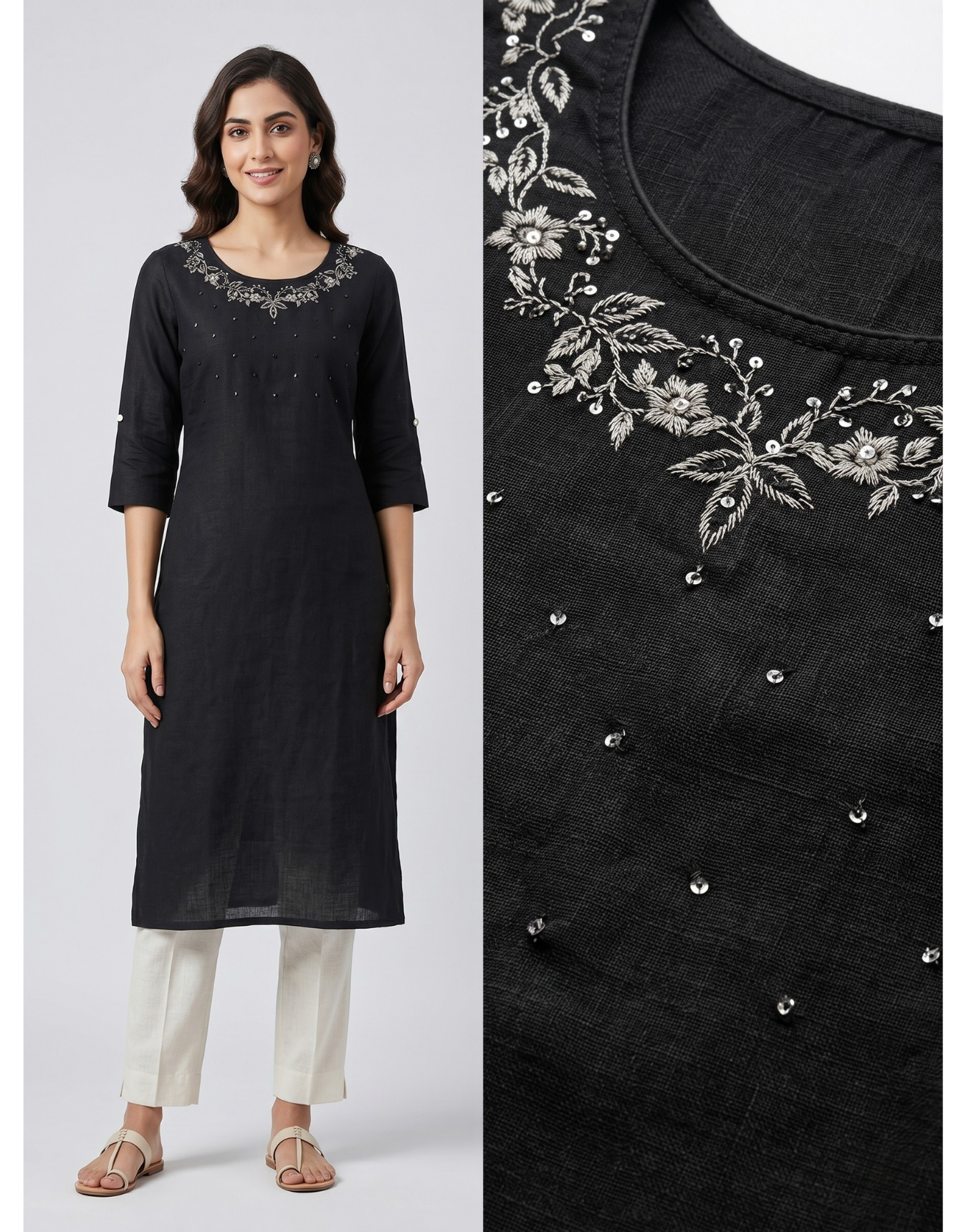 Vertician Black Crushed Nylon A-Line Kurta – Bead Handwork Neck – Premium Party Wear with Lining