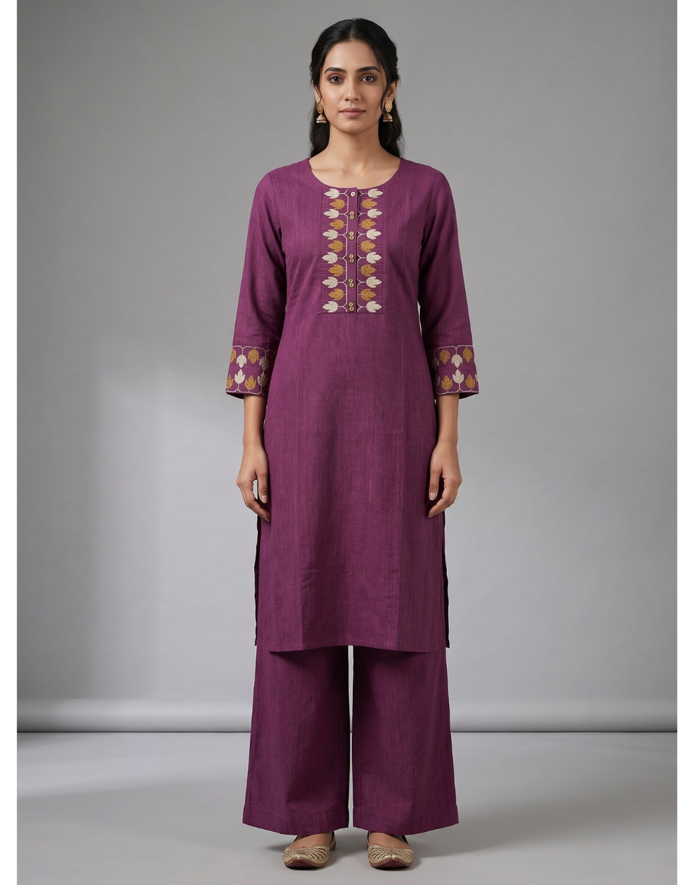 Anvita Plum Purple Cotton Slub Kurta – Embroidered Leaf Yoke Coord Set
