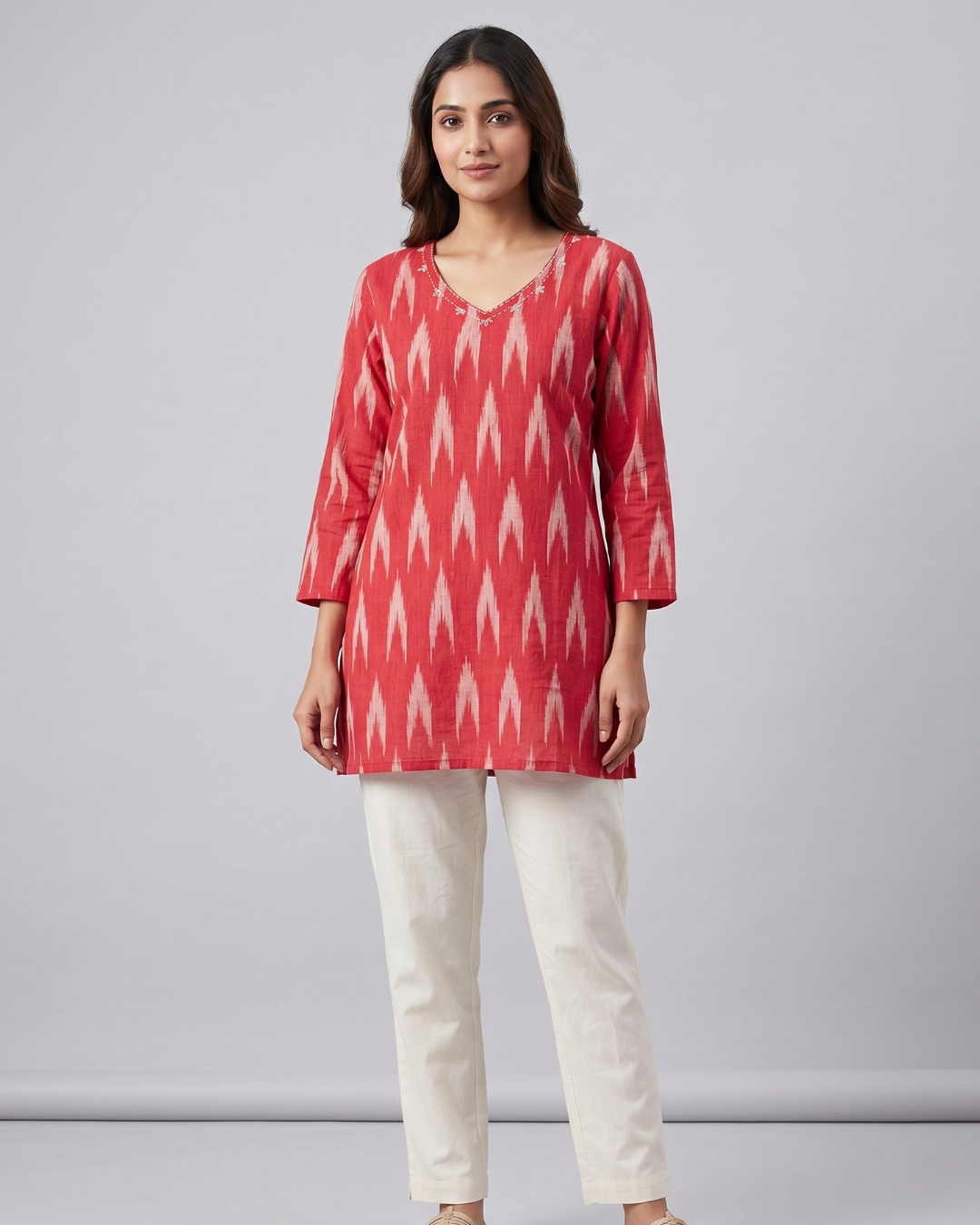 Coral Red Cotton Short Kurti – Ikat Digital Print & V-Neck