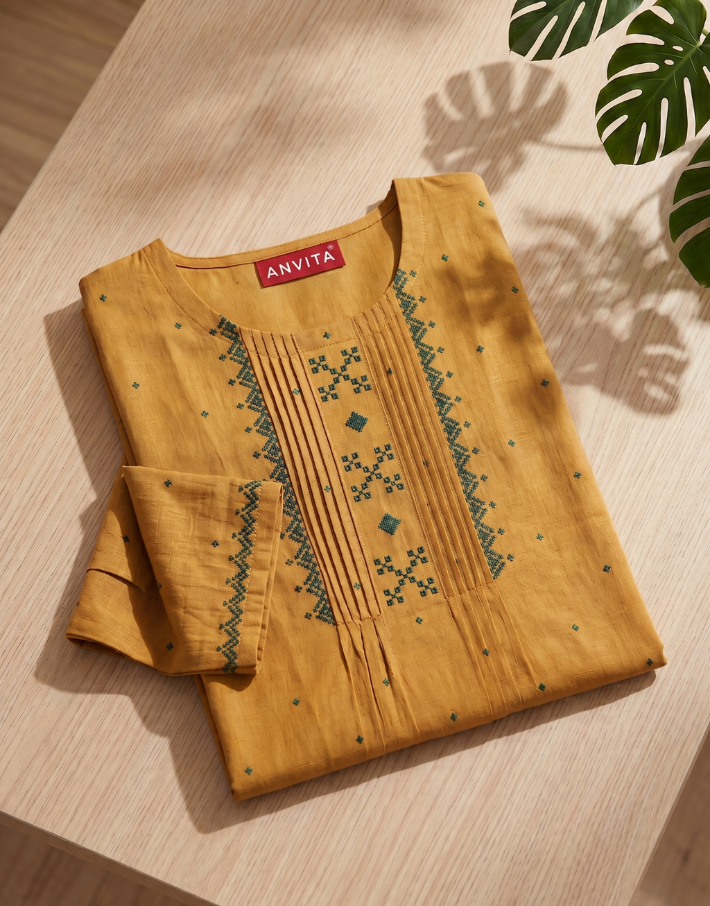 Anvita Mustard Yellow Pure Cotton Kurta – Embroidered Yoke & Subtle Motif Detailing