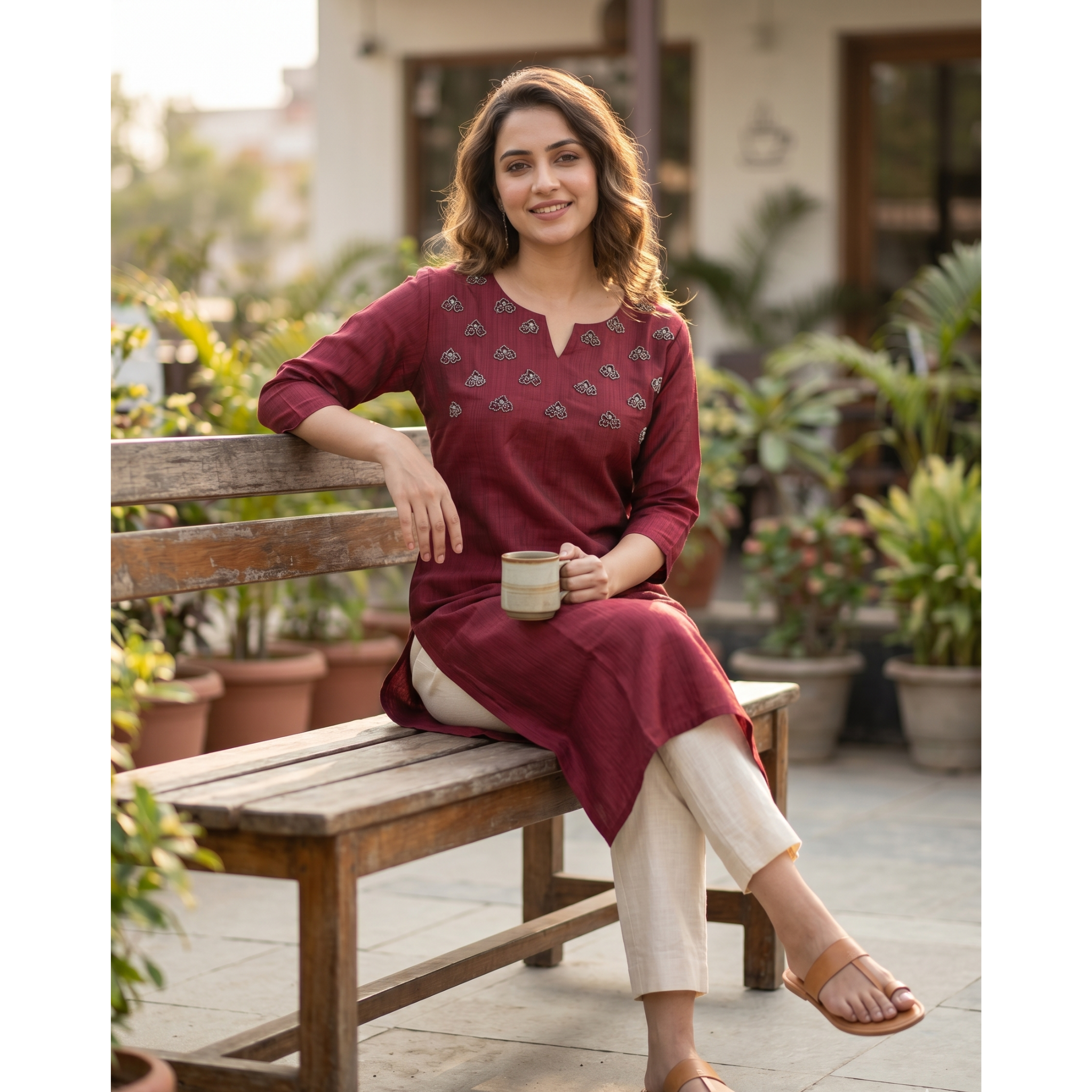 Vertican Maroon A-Line Kurta – Textured Fabric with Handwork Detail – Premium Women's Ethnic Wear