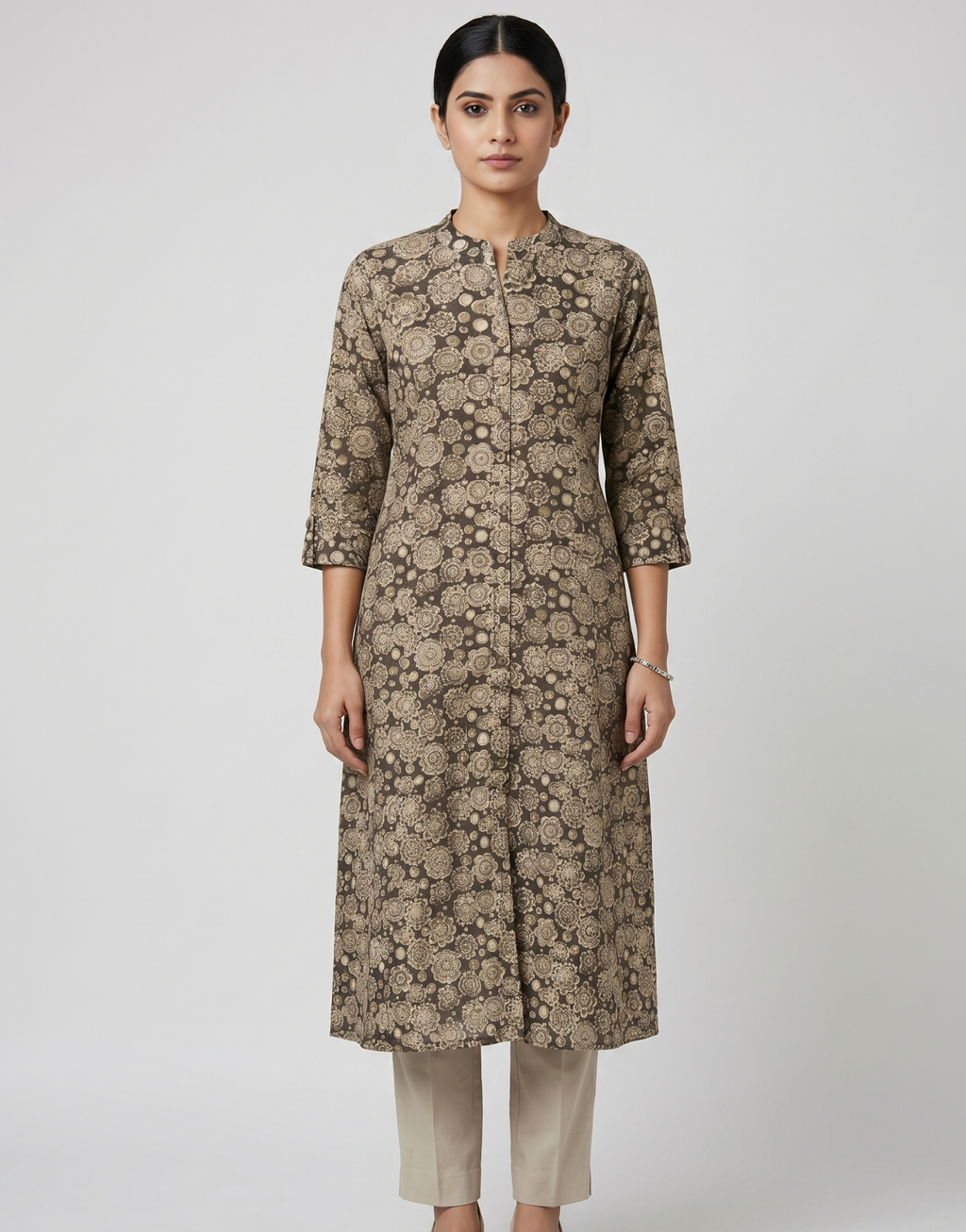 Anvita Brown Floral Print A-Line Kurta – Elegant Mandarin Collar Ethnic Daily Wear