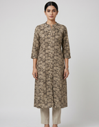 Anvita Brown Floral Print A-Line Kurta – Elegant Mandarin Collar Ethnic Daily Wear
