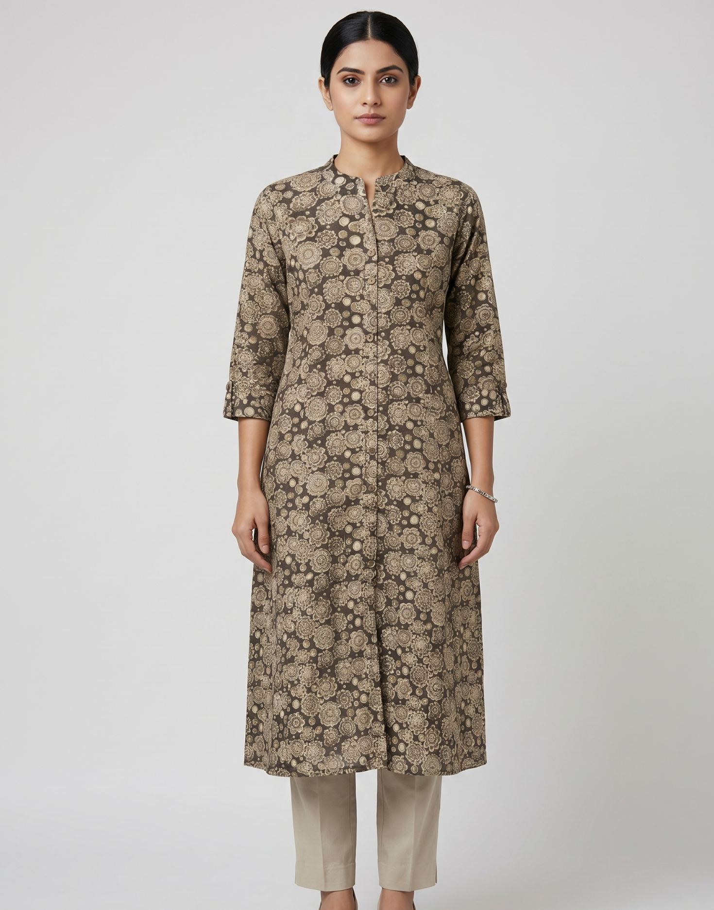 Anvita Brown Floral Print A-Line Kurta – Elegant Mandarin Collar Ethnic Daily Wear