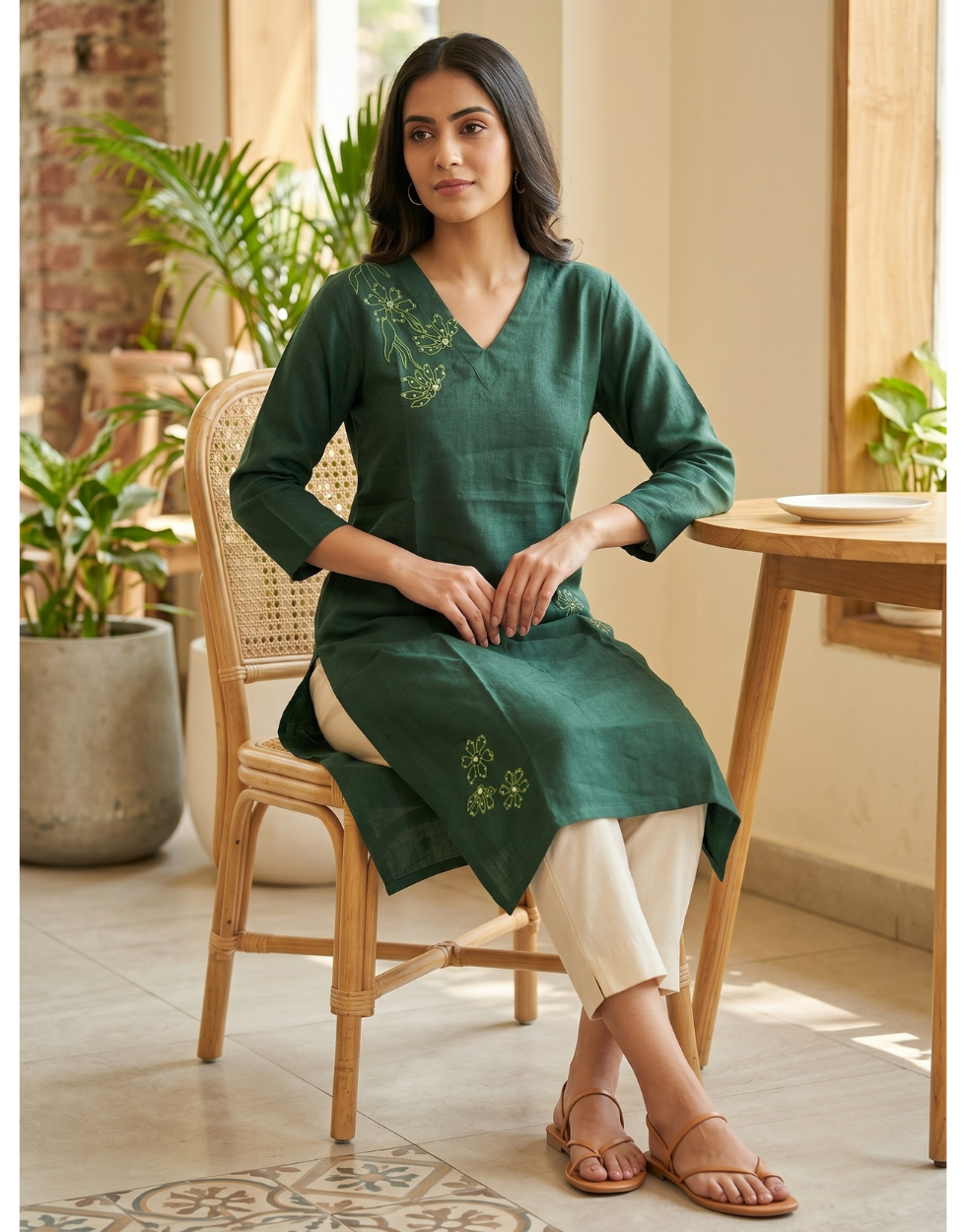 Anvita Emerald Green Cotton Slub Kurta – Asymmetric Floral Print – Chic Casual Wear