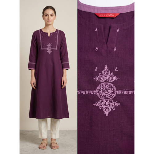 Anvita Plum Purple Pure Cotton Straight Kurta – Mandalic Digital Print & V-Split Neck