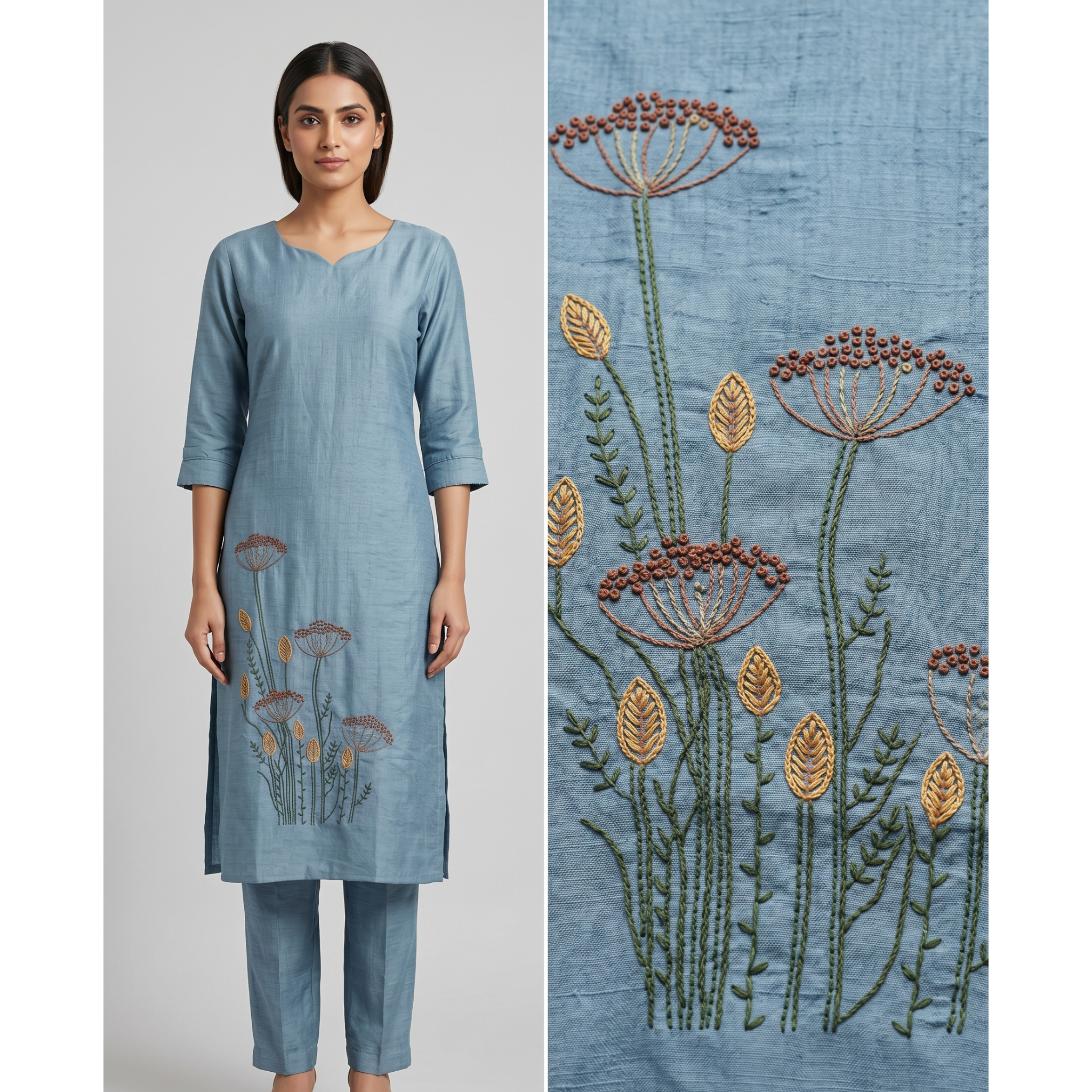 Women's A-Line Kurta Set with Inner Lining – Crushed Nylon Beadwork in Grape Purple & Light Blue