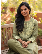 Olive Green Cotton Linen Kurta Set – Tonal Floral Embroidery – Sophisticated 2-Piece Co-ord