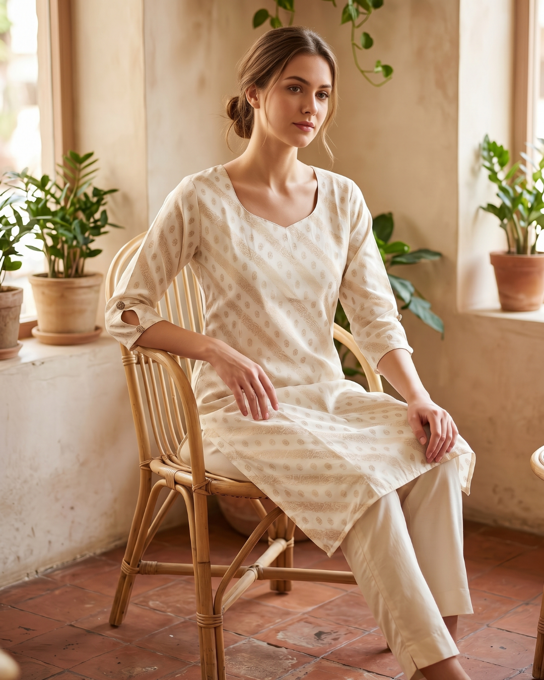 Cream Banaras Silk-Style A-Line Dress for Women – Textured Geometric Occasion Wear