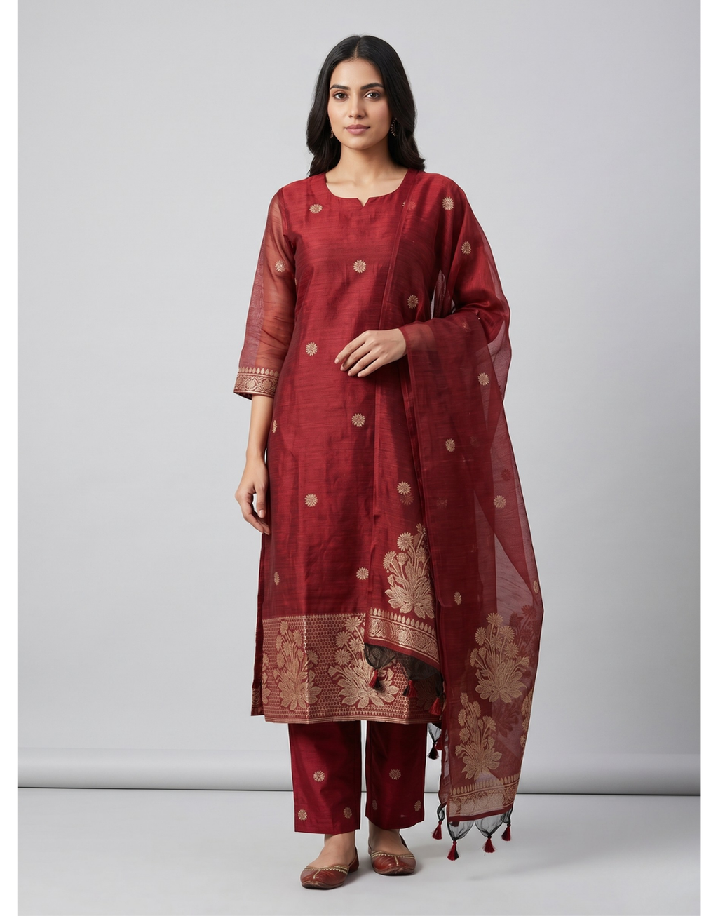 Revanta Maroon Jamdhani Cotton Kurta Set – Elegant Heritage Suit with Dupatta