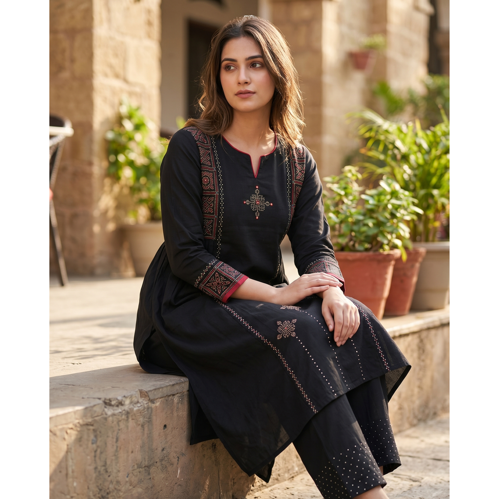 Anvita Jet Black Cotton Straight-Cut Kurta Set – Geometric Digital Print & Palazzo