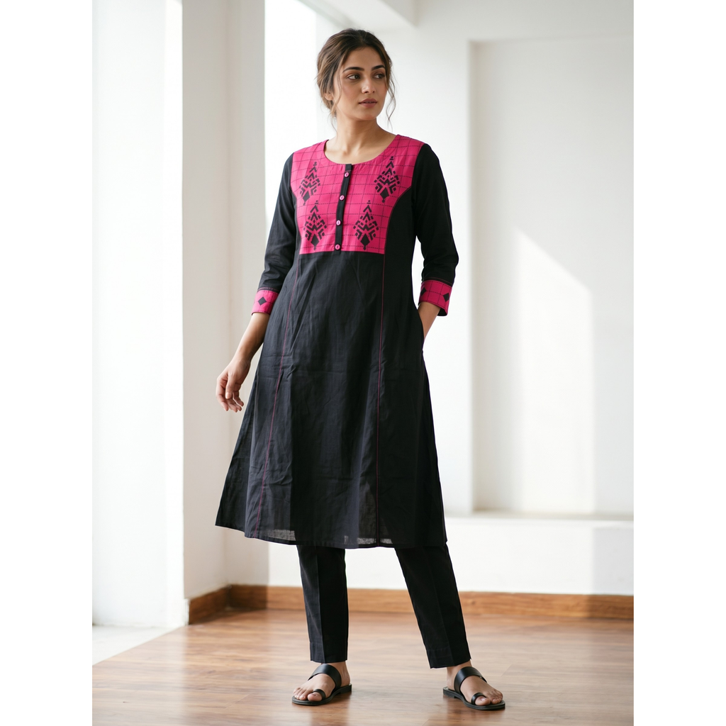 Anvita Jet Black Cotton Straight Kurta – Contrast Pink Yoke & Geometric Digital Print