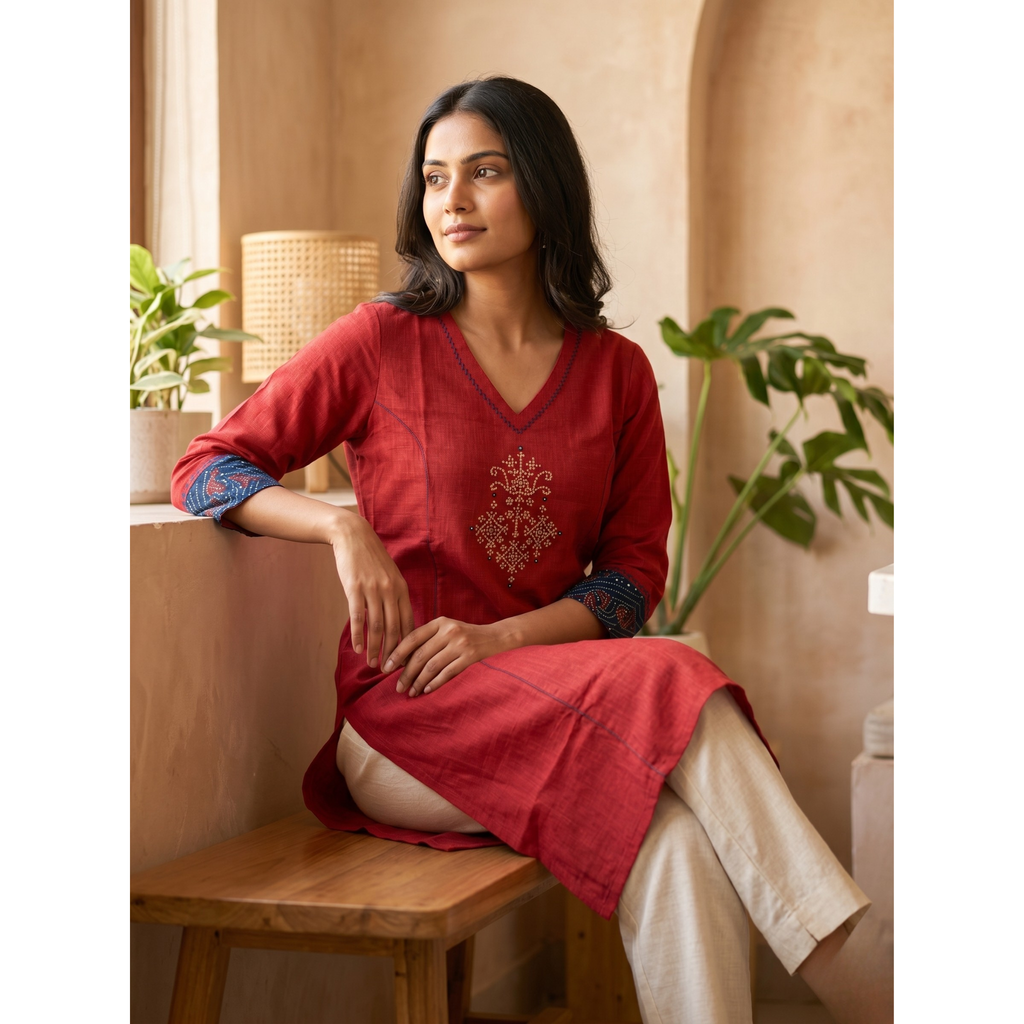 Anvita Crimson Red Pure Cotton Straight Kurta – Floral Digital Print & Contrast Cuffs