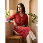 Anvita Crimson Red Pure Cotton Straight Kurta – Floral Digital Print & Contrast Cuffs