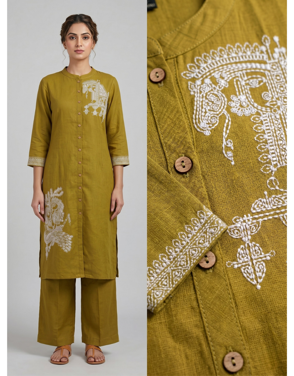 Revanta Olive Green Cotton Co-ord Set – Digital Print Button-Down Kurta with Palazzo Pants