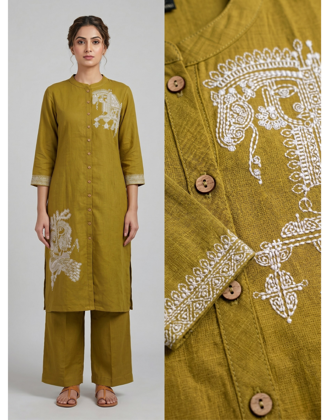 Revanta Olive Green Cotton Co-ord Set – Digital Print Button-Down Kurta with Palazzo Pants