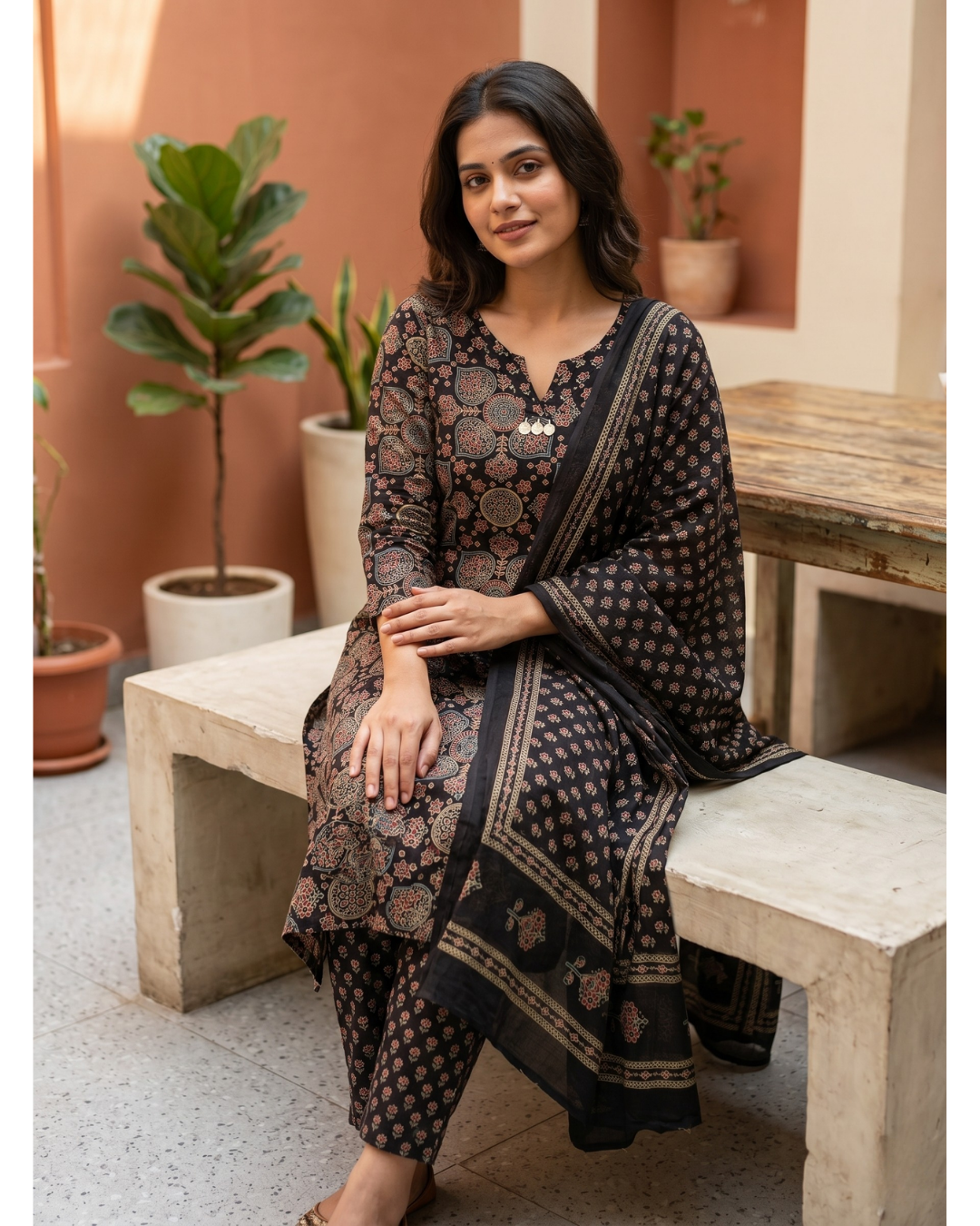Charcoal Black Cotton Kurta Trousers Set with Dupatta – Allover Ajrakh Digital Print