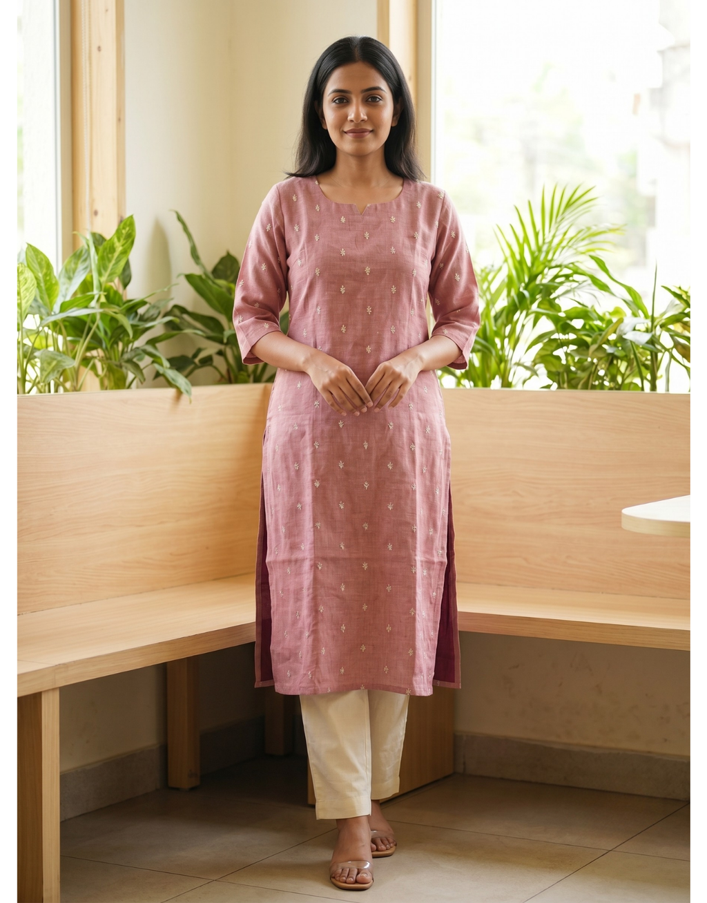 Mauve Semi-Jute Straight Kurta – Delicate Scattered Embroidery Daily Wear