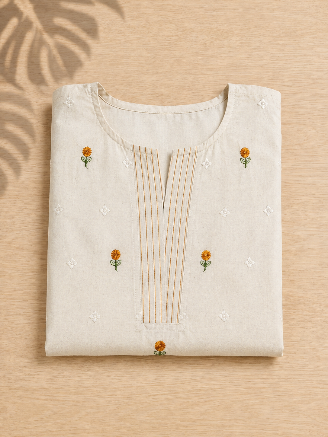 Revanta Cream Straight-Fit Kurta Co-Ord Set with Attached Sleeves, Pintucks and Floral Motifs