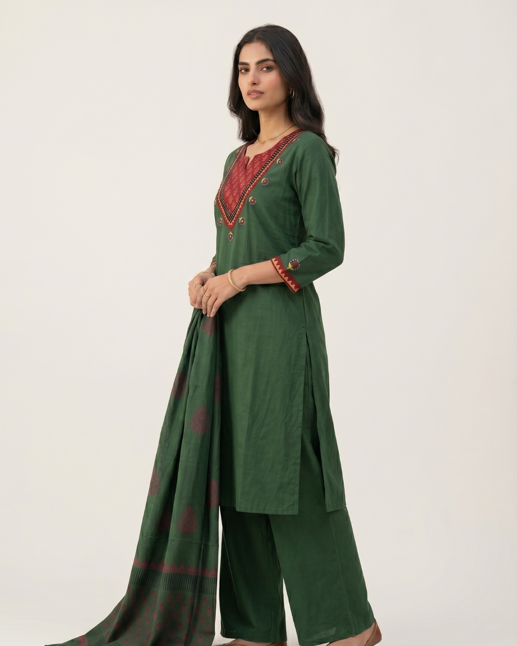 Green Cotton Kurta Palazzo Set with Dupatta – Contrast Yoke & Digital Print